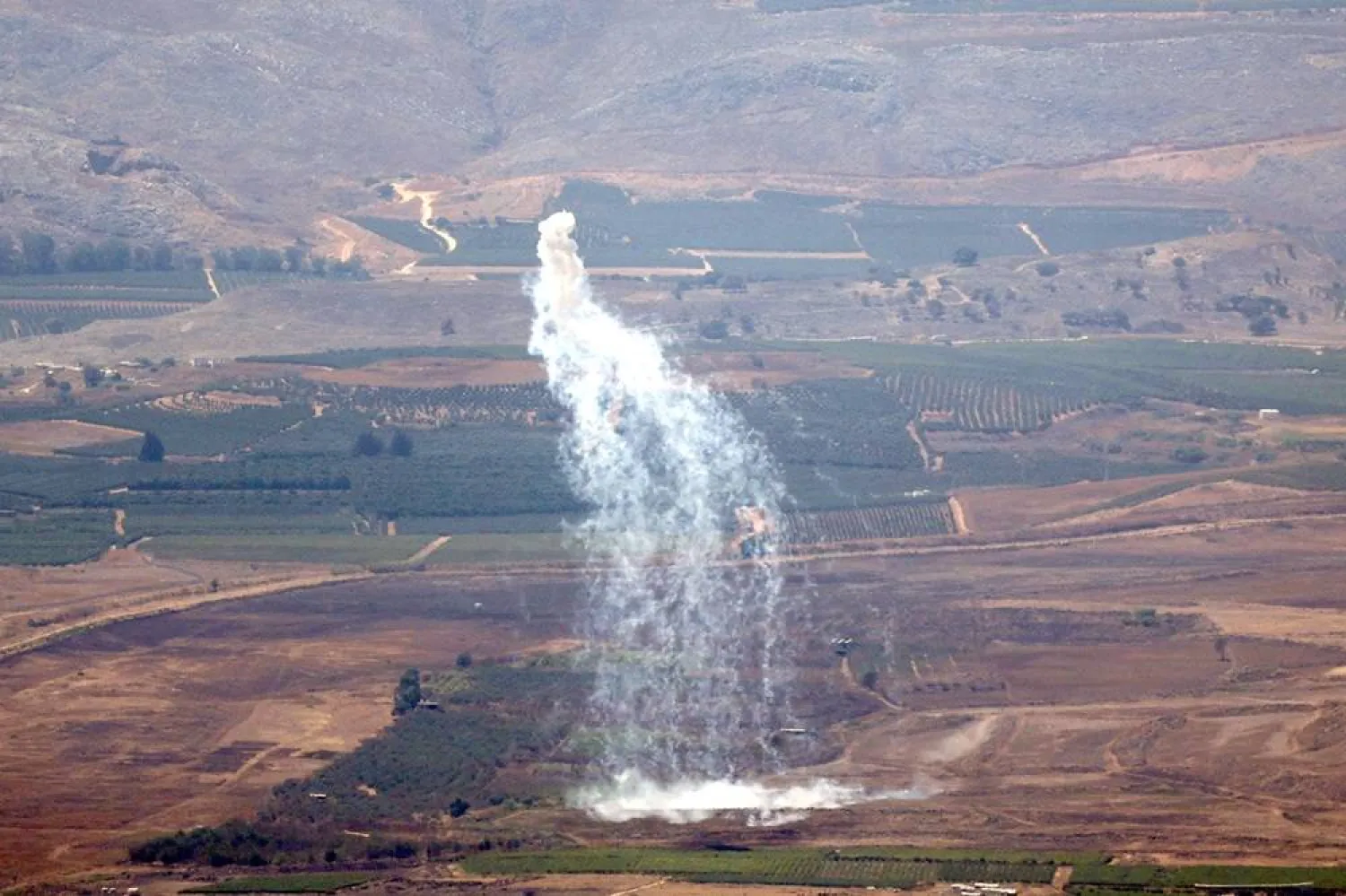Israeli artillery shells the area of Wazzani in south Lebanon, as seen from the upper Galilee, northern Israel, 05 August 2024. (EPA) 