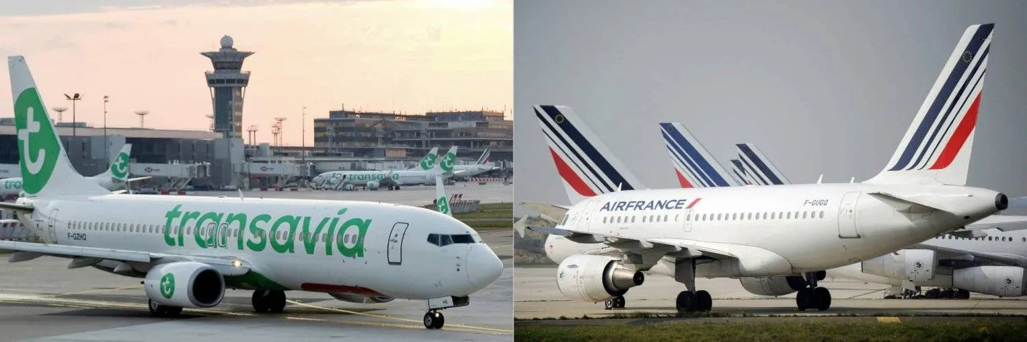 This combination of pictures created on August 03, 2024 shows a Transavia Boeing 737-800 parked on the tarmac at Paris Orly airport on June 26, 2020 and Air France planes parked during an Air France pilots strike on the tarmac of Charles de Gaulle airport in Roissy on September 24, 2014. (Photo by ERIC PIERMONT and STEPHANE DE SAKUTIN / AFP)
