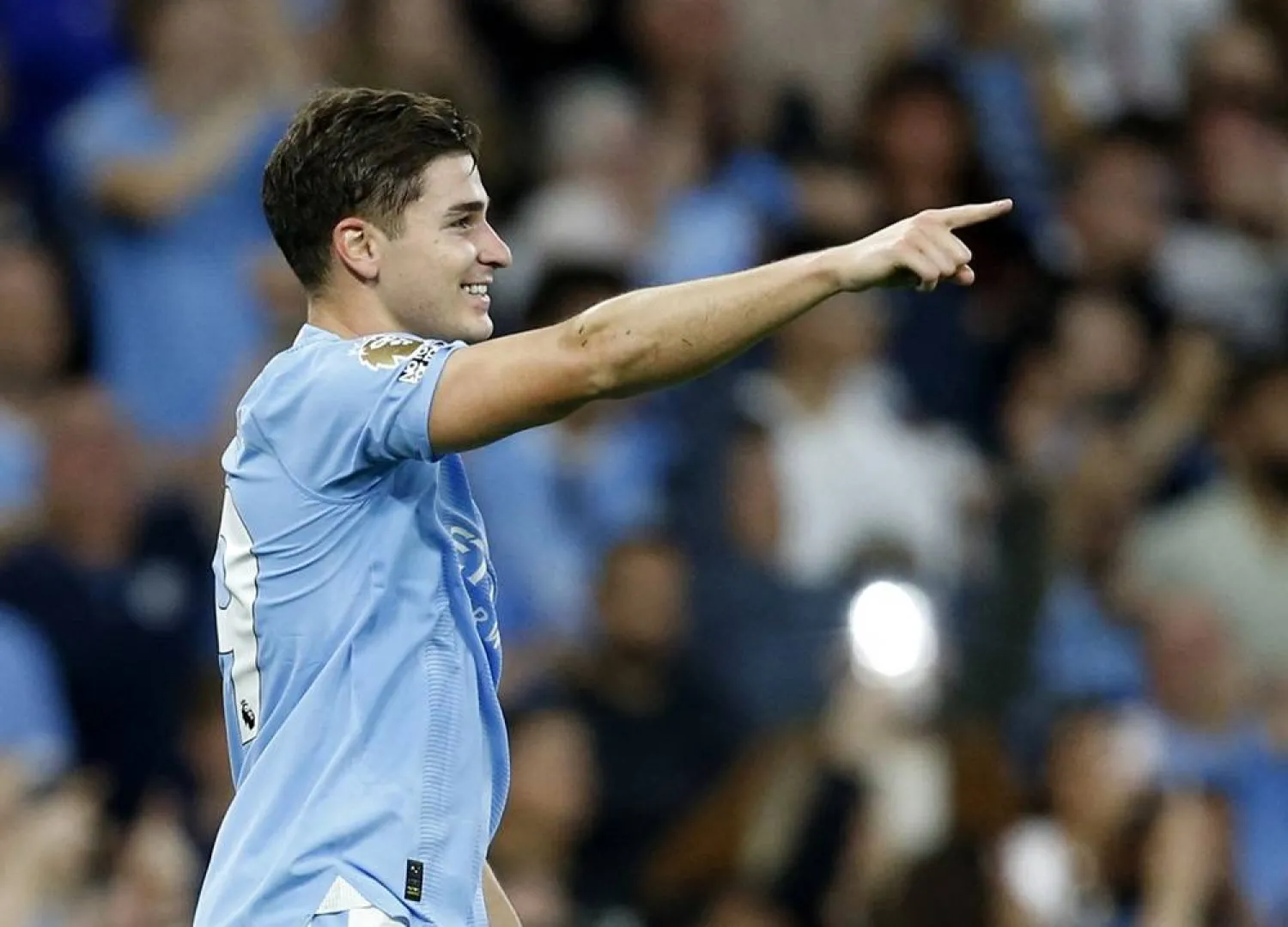 Soccer Football - Premier League - Manchester City v Newcastle United - Etihad Stadium, Manchester, Britain - August 19, 2023 Manchester City's Julian Alvarez celebrates scoring their first goal. (Action Images via Reuters)