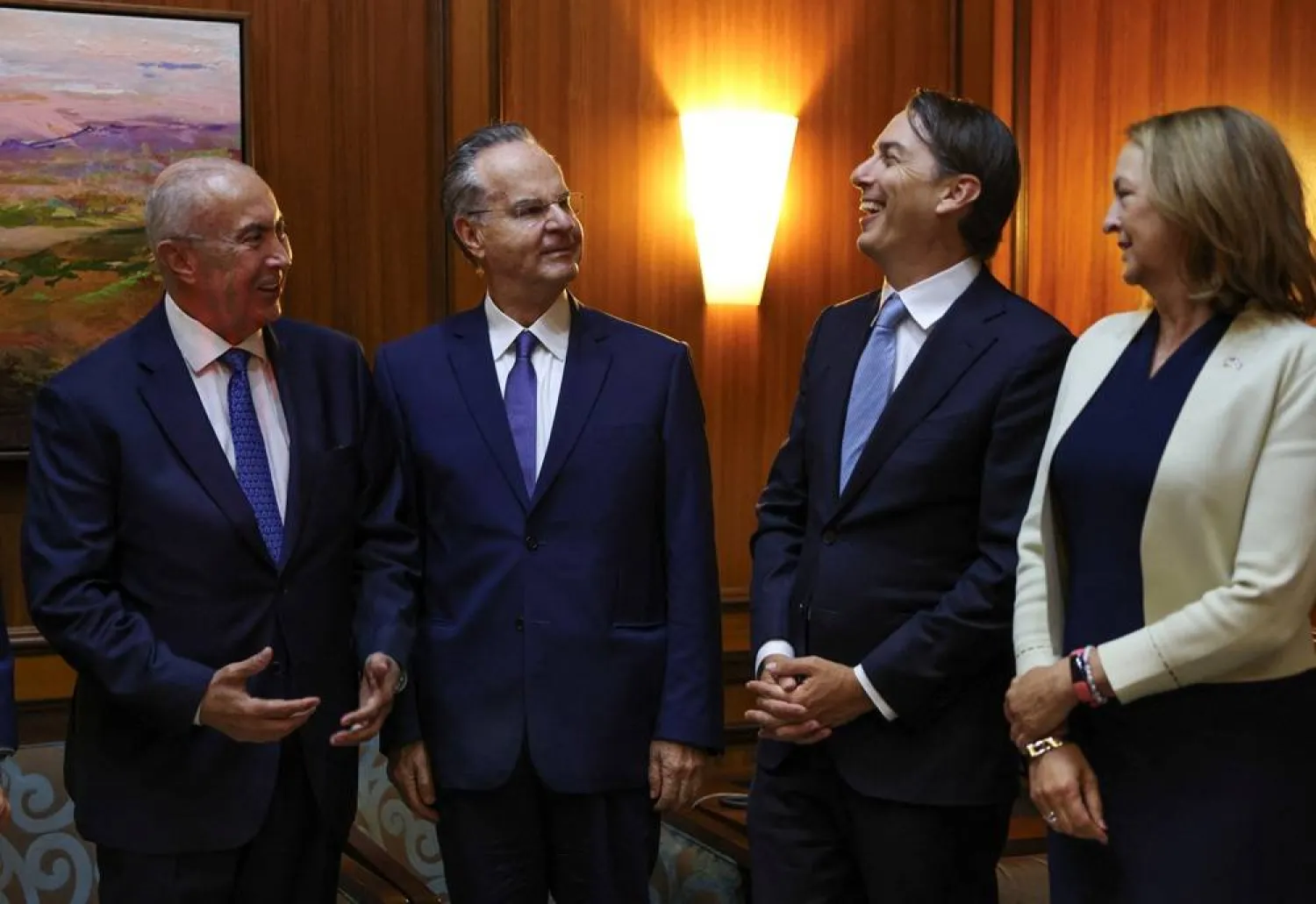 US special envoy Amos Hochstein meets with MP George Adwan of the Lebanese Forces (LF), lawmaker Fouad Makhzoumi and US Ambassador to Lebanon Lisa A. Johnson, in Beirut, Lebanon August 14, 2024. (Reuters) 