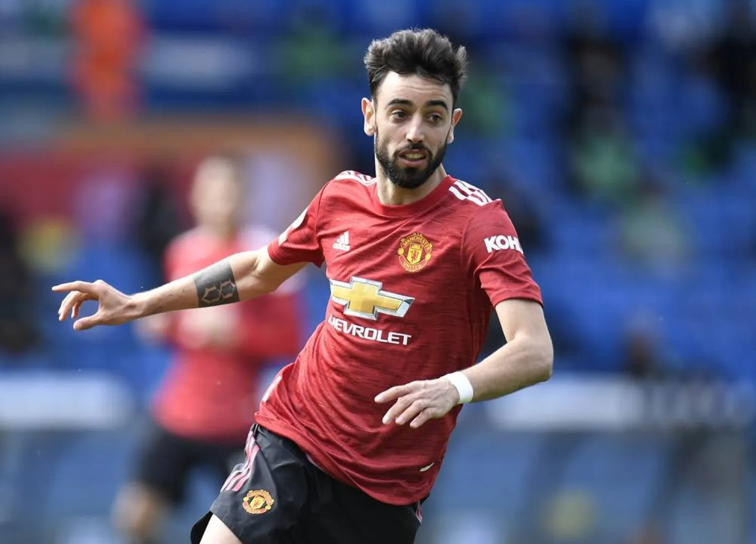 Manchester United's Bruno Fernandes in action during an English Premier League soccer match at Elland Road in Leeds, England, on April 25, 2021. (AP)