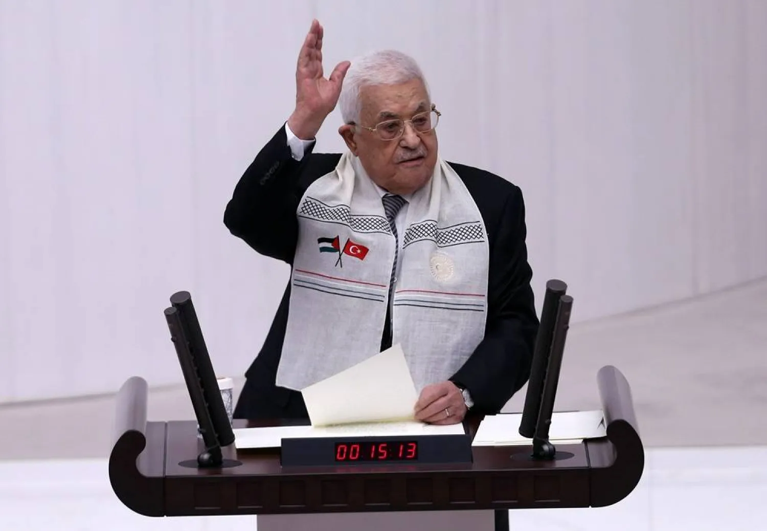 Palestinian President Mahmoud Abbas addresses a special session of the Grand National Assembly of Türkiye (TBMM) in Ankara, Turkey, 15 August 2024. (EPA)