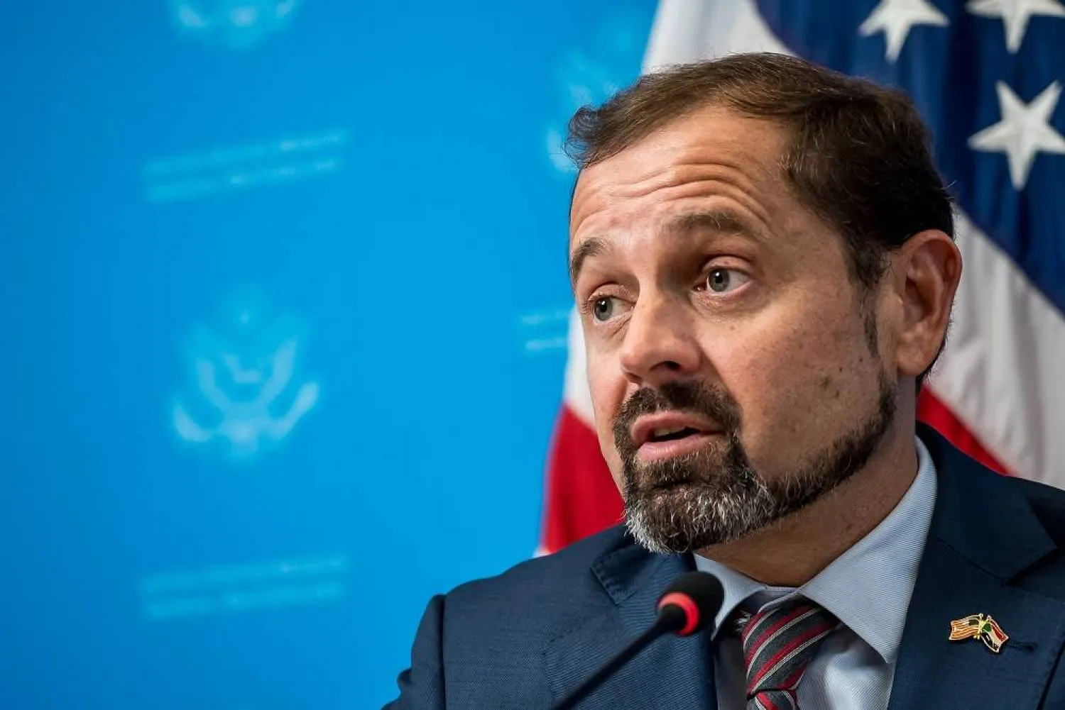 US envoy to Sudan Tom Perriello speaks during a press briefing ahead of Sudan ceasefire talks, on August 12, 2024 in Geneva. (AFP)