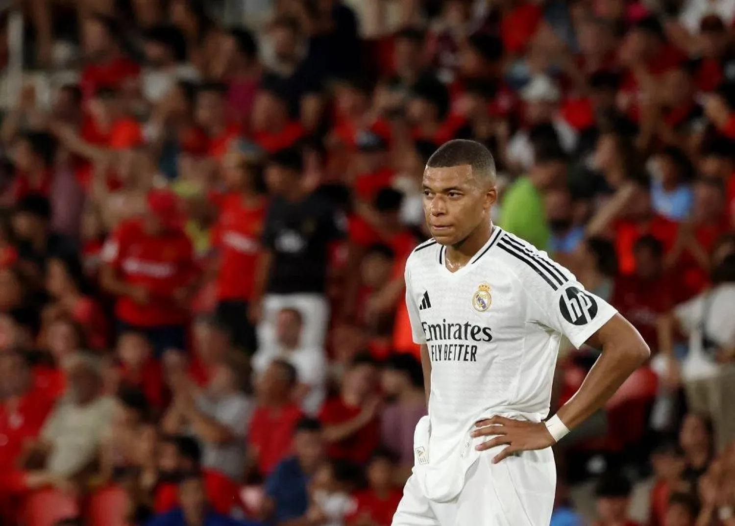 Soccer Football - LaLiga - RCD Mallorca vs Real Madrid - Mallorca Son Moix Stadium, Palma de Mallorca, Spain - August 18, 2024 Real Madrid's Kylian Mbappe reacts. (Reuters)
