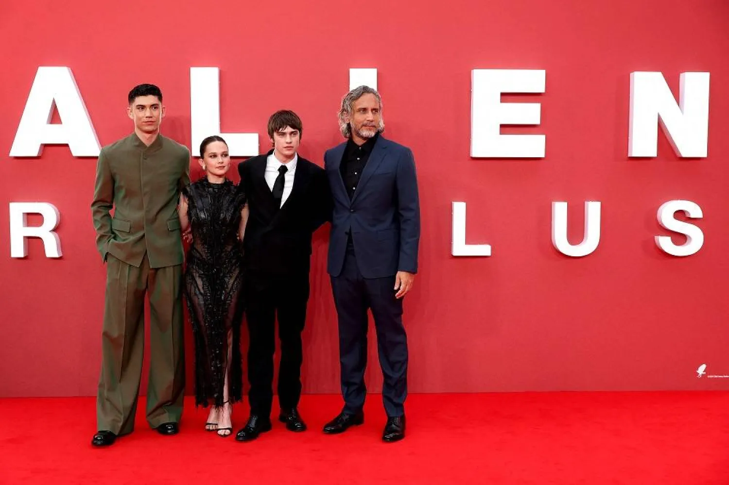 English actor Archie Renaux, US actor Cailee Spaeny, English actor Spike Fearn and Uruguayan director Fede Álvarez pose on the red carpet upon arrival to attend the UK gala event for "Alien: Romulus" at Cineworld in Leicester square, central London on August 14, 2024. (AFP) 