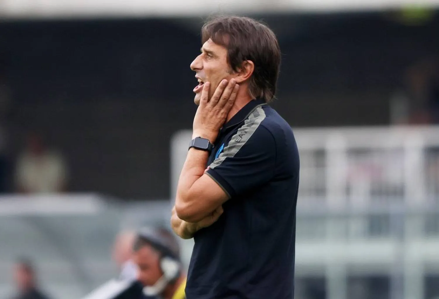 Napoli's head coach Antonio Conte reacts during the Italian Serie A soccer match Hellas Verona vs Napoli at the Marcantonio Bentegodi stadium in Verona, Italy, 18 August 2024. (EPA)