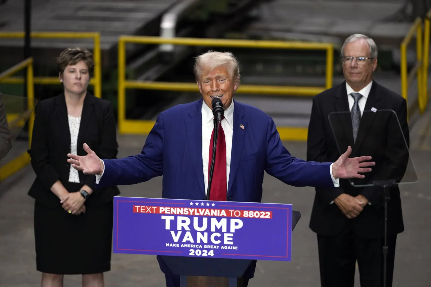 Republican presidential nominee former President Donald Trump speaks at a campaign event at Precision Components Group, Monday, Aug. 19, 2024, in York, Pa. (AP Photo/Matt Slocum)