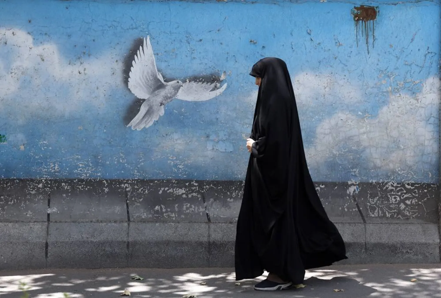 A veiled Iranian woman walks past a wall painting of a peace bird in a street in Tehran, Iran, 19 August 2024. (EPA)