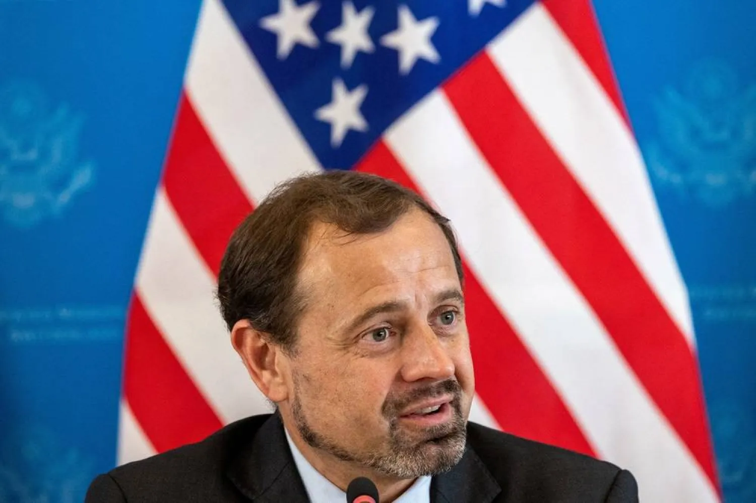 UN Envoy for Sudan, Tom Perriello attends a press briefing on sidelines of Sudan peace talks at the US Mission in Geneva, Switzerland, August 23, 2024. (Reuters)