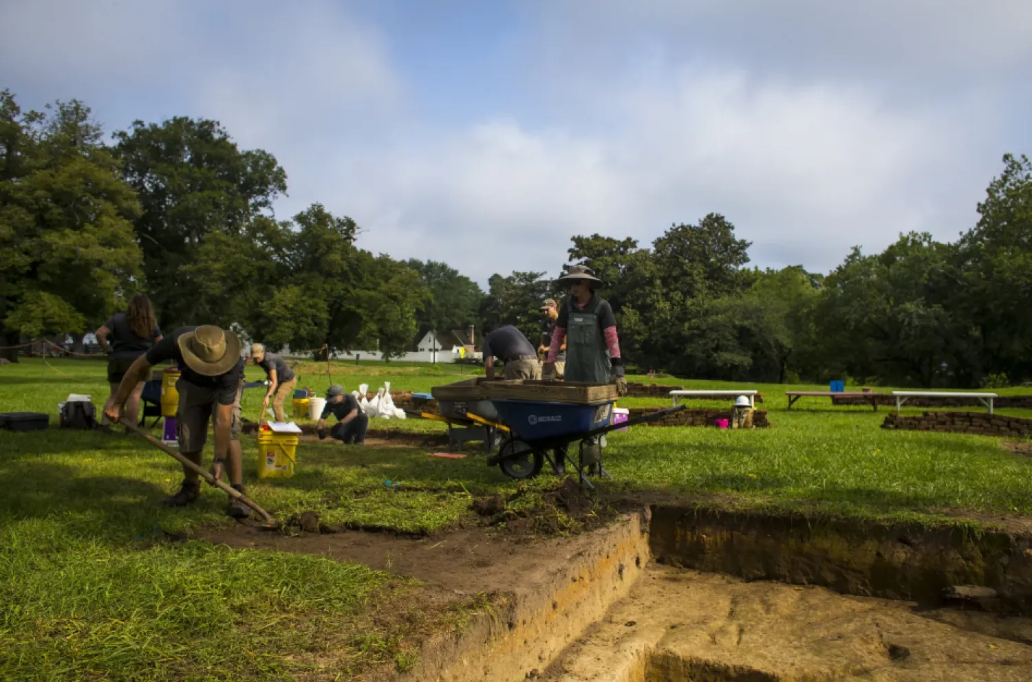 Colonial Williamsburg archaeologists continue their excavation of an 18th Century ornamental garden on Wednesday, July 31, 2024, in Williamsburg, Va. (AP Photo/John C. Clark)

