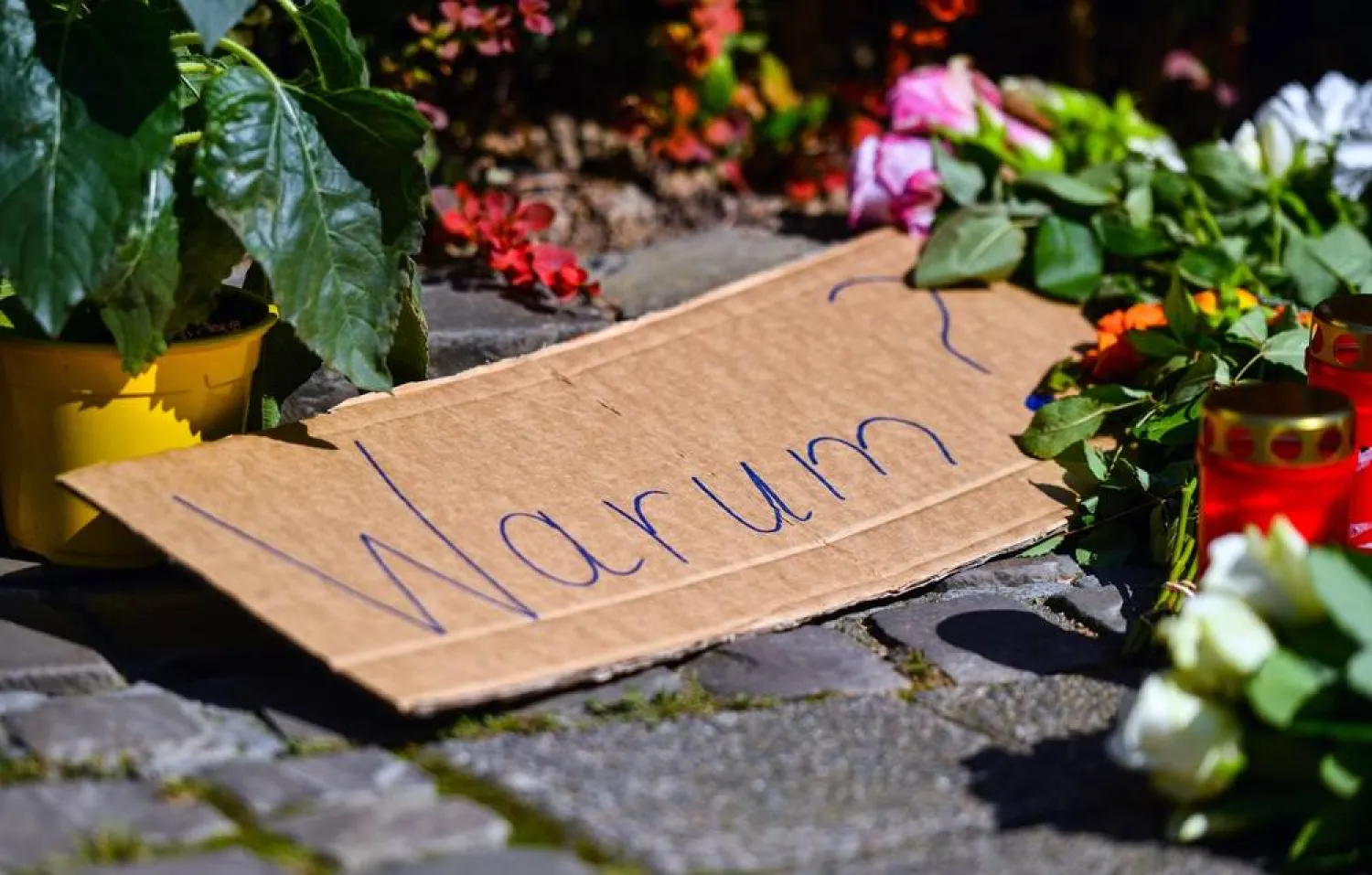 A placard reading 'Why?' among flowers and tributes placed on a sidewalk near the scene after a knife attack, in Solingen, Germany, 24 August 2024. (EPA)