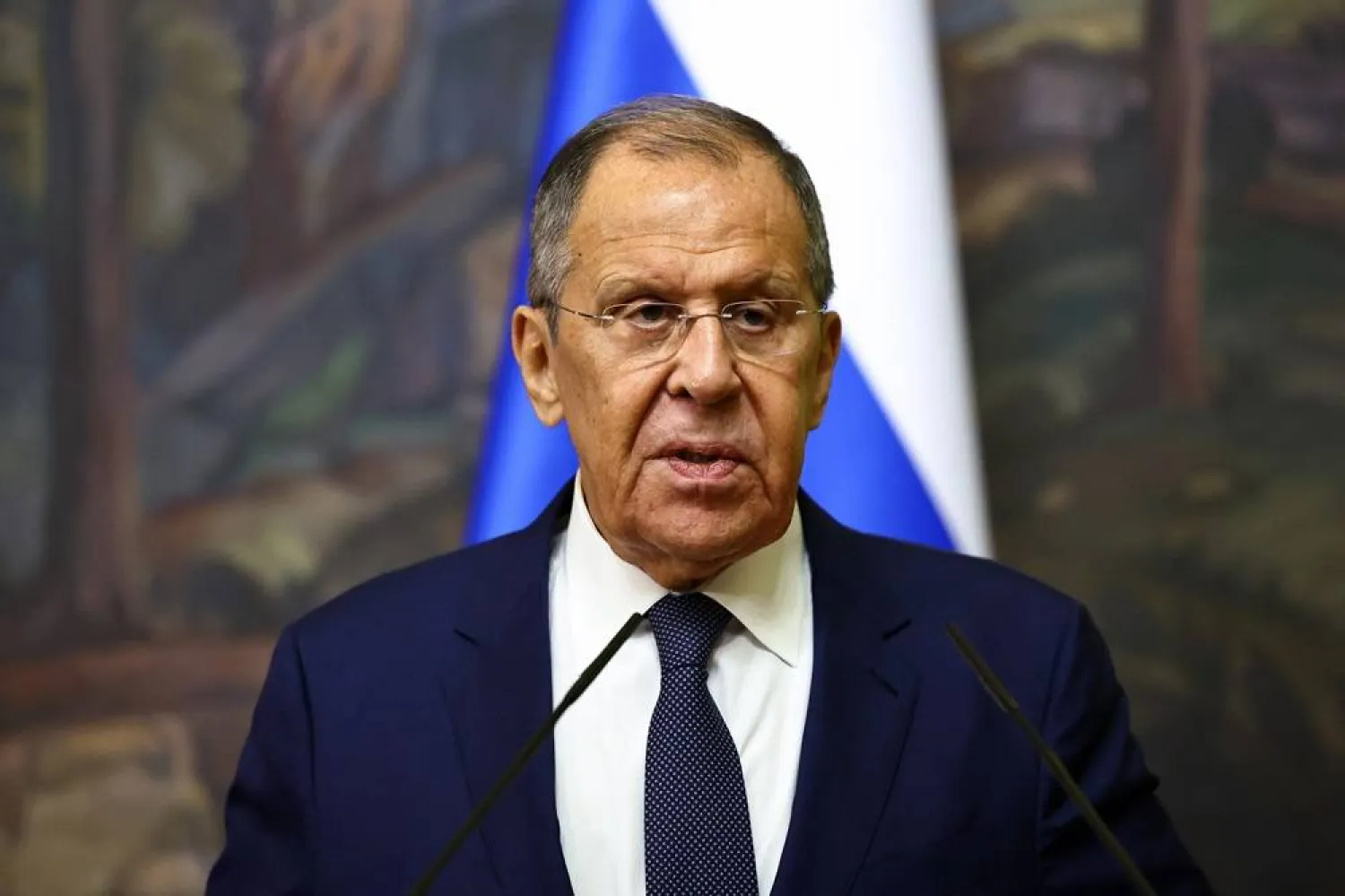 Russian Foreign Minister Sergei Lavrov attends a press conference with Yemen's foreign minister after their meeting in Moscow, Russia, 27 August 2024. (EPA)