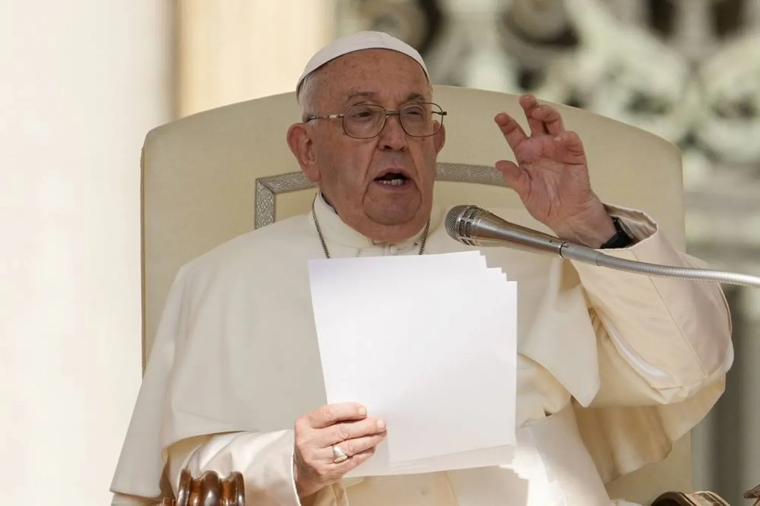 Pope Francis gestures during his weekly general audience in St. Peter's Square at The Vatican, Wednesday, Aug.28, 2024. (AP)