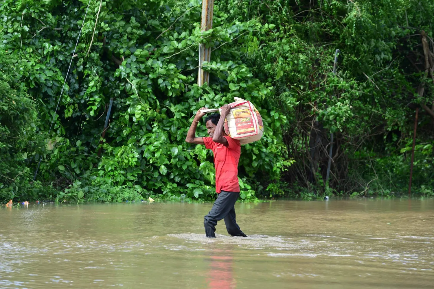 A man carries his belongings through a flooded street after heavy rains on the outskirts of Ahmedabad on August 28, 2024. (Photo by Sam PANTHAKY / AFP)