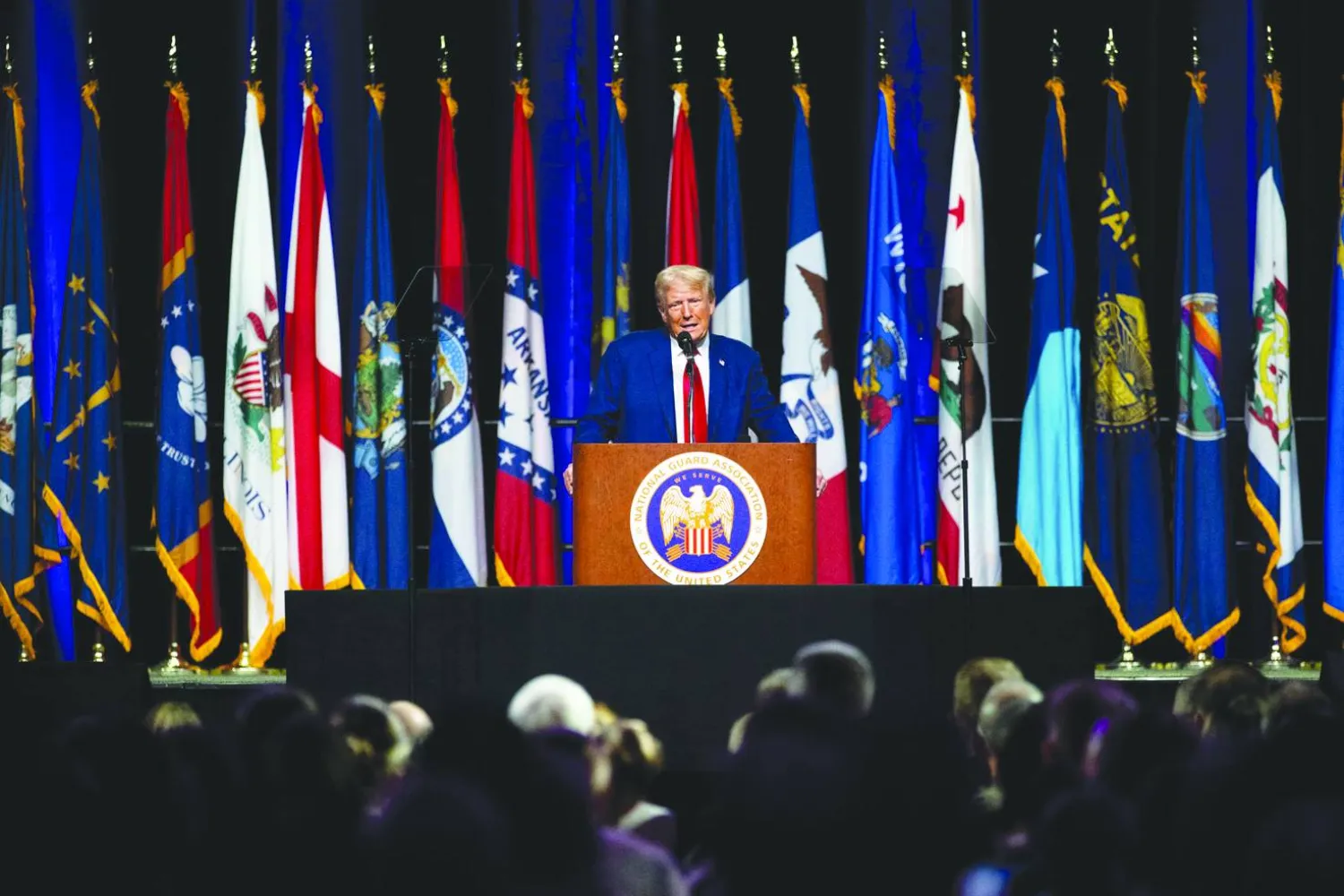 ترمب يتحدث خلال المؤتمر العام الـ146 لجمعية الحرس الوطني في الولايات المتحدة (أ.ف.ب)