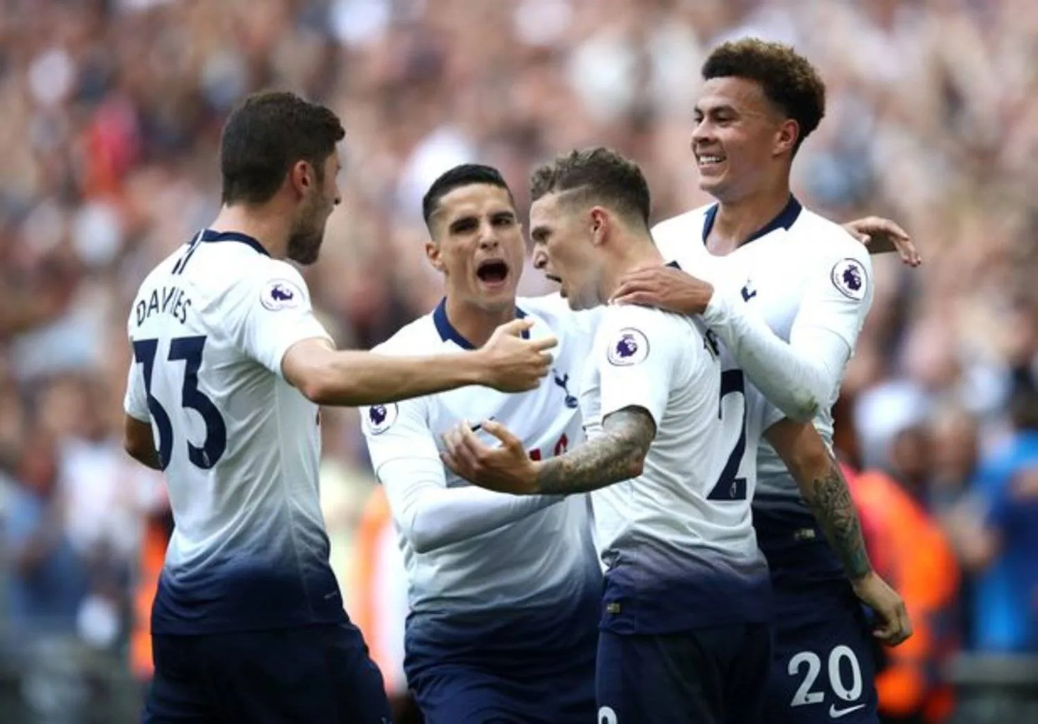 Kieran Trippier celebrates scoring his team's second goal with teammates against Fulham. (FilePhoto/Image: Julian Finney/Getty Images) 
