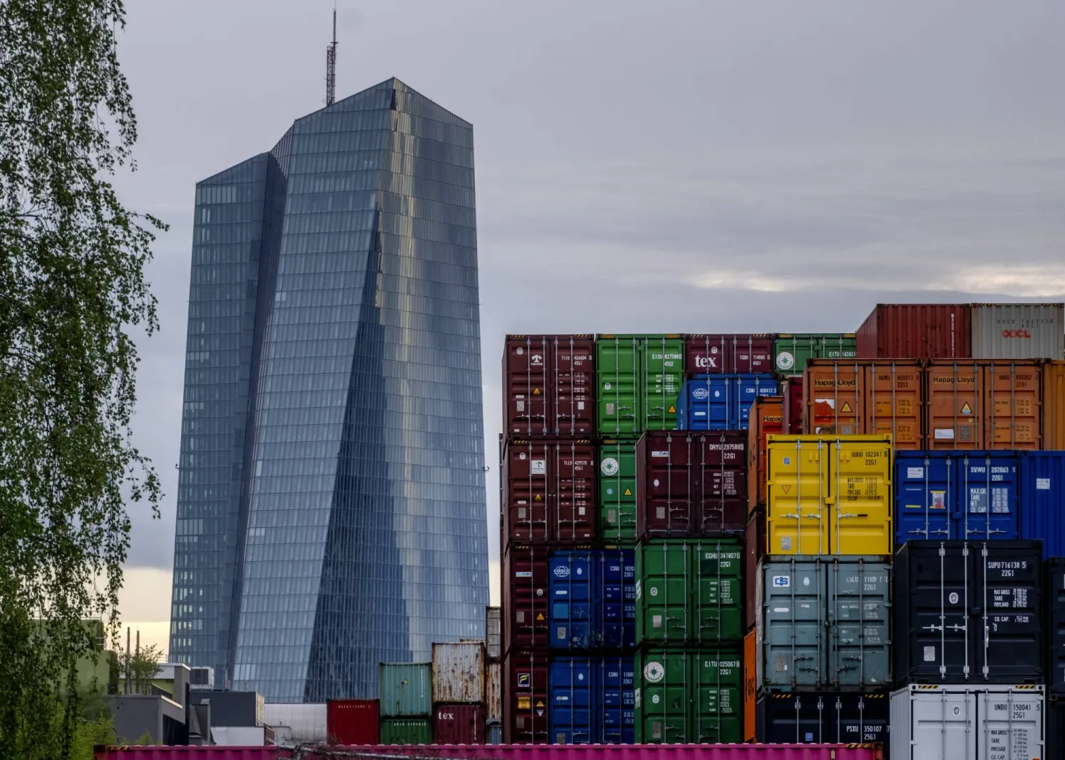 FILE - The European Central Bank is pictured next to containers in Frankfurt, Germany, on April 9, 2024. (AP Photo/Michael Probst, File)