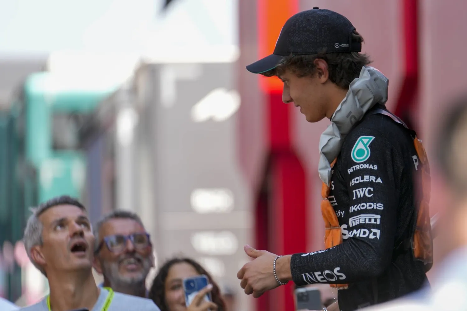 Mercedes driver Kimi Antonelli of Italy walks down stairs for the first free practice ahead of the Formula One Italian Grand Prix race at the Monza racetrack, in Monza, Italy, Friday, Aug. 30, 2024. (AP Photo/Luca Bruno)