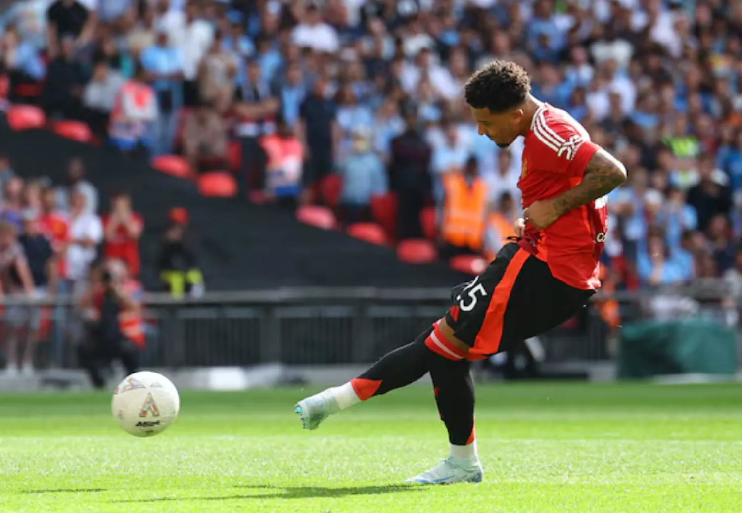 Soccer Football - Community Shield - Manchester United v Manchester City - Wembley Stadium, London, Britain - August 10, 2024 Manchester United's Jadon Sancho has his shot saved by Manchester City's Ederson during the penalty shoot-out REUTERS/Toby Melville/File Photo Purchase Licensing Rights