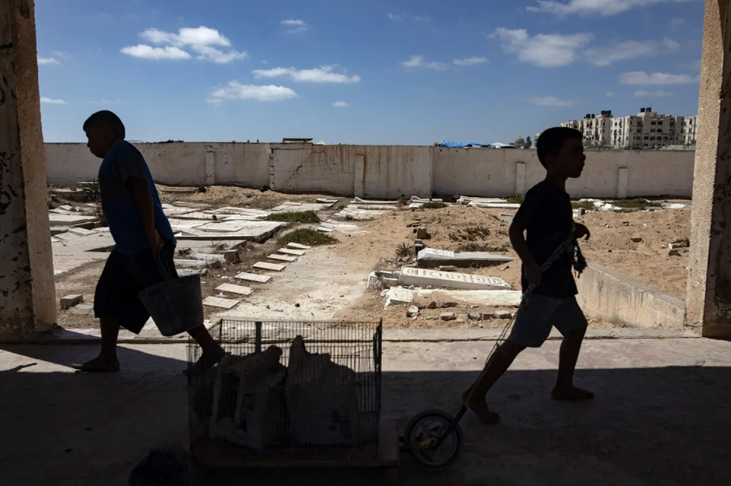 Palestinian children walk in a graveyard, in Khan Younis, southern Gaza Strip, 21 August 2024. (EPA)