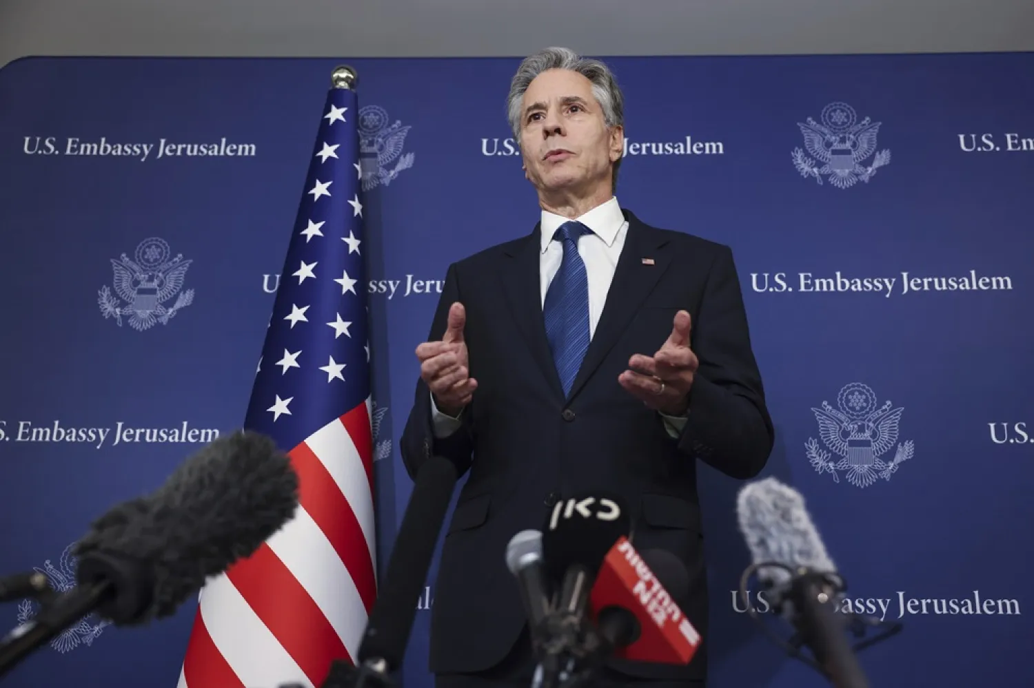 US Secretary of State Antony Blinken speaks to media at the David Kempinski Hotel in Tel Aviv, Israel, Monday, Aug. 19, 2024. (AP) 