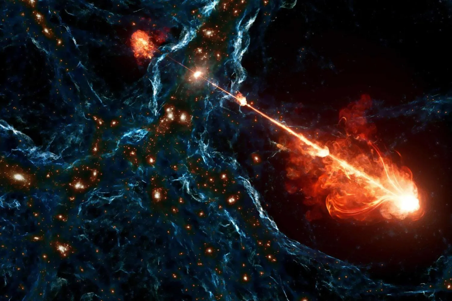 Bugüne kadar gözlemlenen en uzun kara delik jet sisteminin bir sanatçının gözünden tasviri. Mitolojik bir Yunan devine ithafen Porphyrion adı verilen bu jetler kabaca 7 megaparsek veya 23 milyon ışık yılı boyunca uzanıyor (E. Wernquist / D. Nelson (IllustrisTNG İşbirliği) / M. Oei)