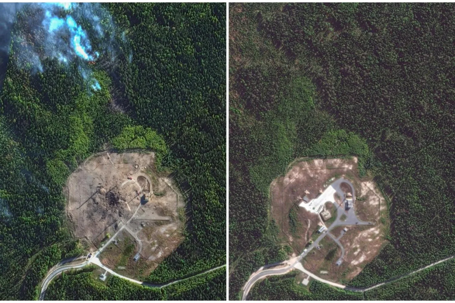 Soldaki uydu görüntüsü, silonun test sonrası halini, sağdakiyse fırlatma öncesi durumunu gösteriyor (Reuters)