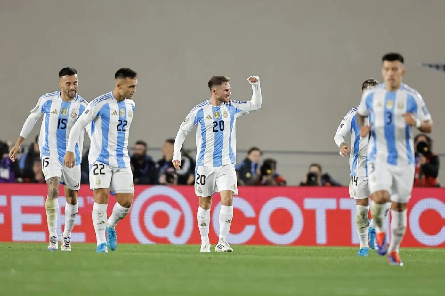Alexis Mac Allister (C) of Argentina celebrates a goal that was later disallowed during a CONMEBOL FIFA World Cup 2026 qualifier soccer match between Argentina and Chile at Mas Monumental in Buenos Aires, Argentina, 05 September 2024. (EPA)