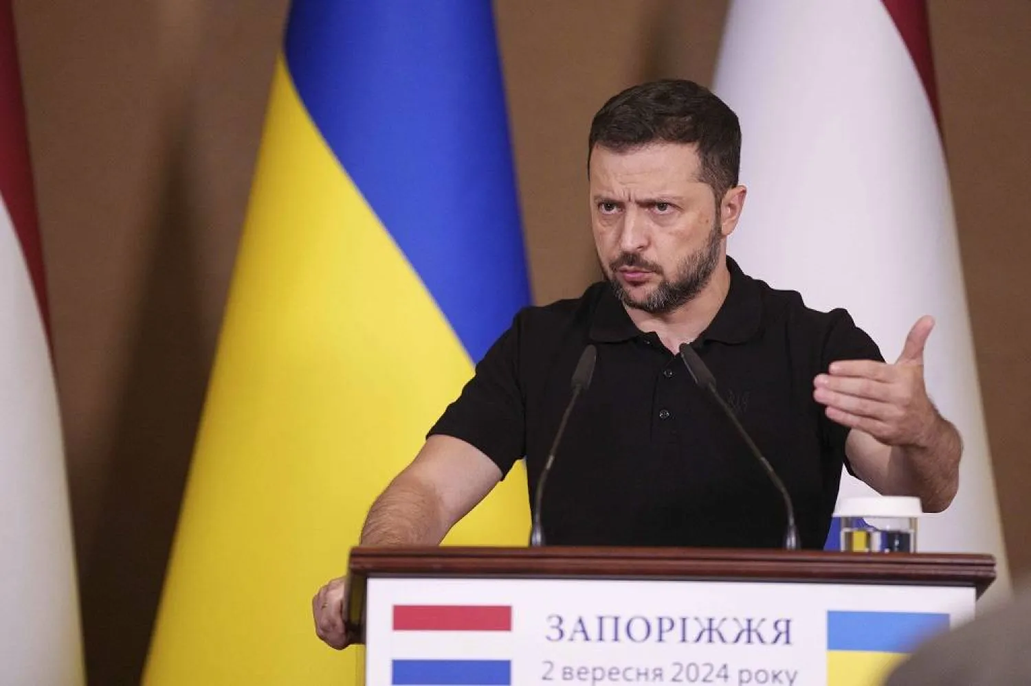 Ukrainian President Volodymyr Zelenskyy speaks during a joint press conference with Netherlands' Prime Minister Dick Schoof in Zaporizhzhia, Ukraine, Monday Sept. 2, 2024. (AP)