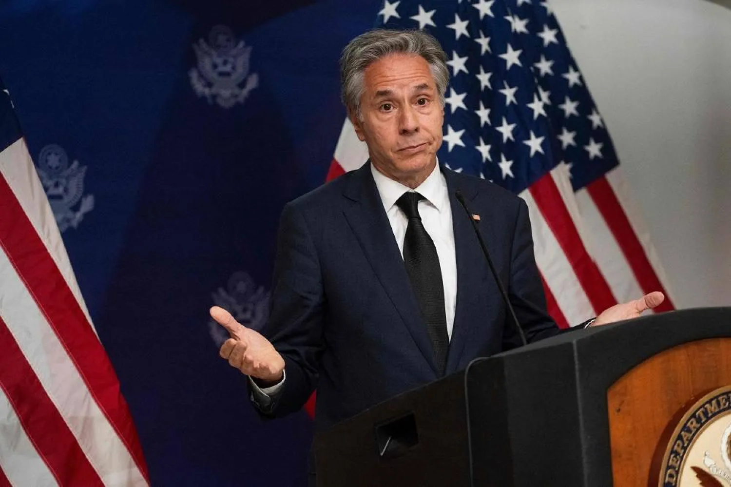 Secretary of State Antony Blinken speaks during a press conference at the end of his one day visit to Haiti at the Toussaint Louverture International Airport in Port Au Prince on September 05, 2024. (AFP)