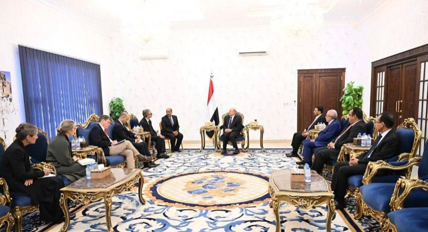 A number of European Union ambassadors during their meeting with the Chairman of the Yemeni Leadership Council, Rashad Al-Alimi, on a previous visit to Aden (Saba)