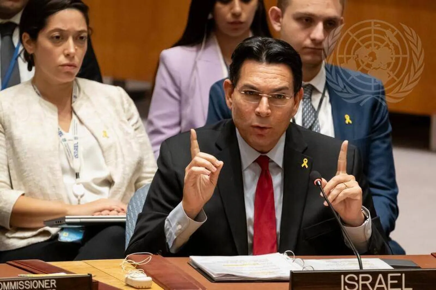 İsrail'in Birleşmiş Milletler (BM) Daimî Temsilcisi Danny Danon, BM Güvenlik Konseyi'nde konuşuyor. (BM)
