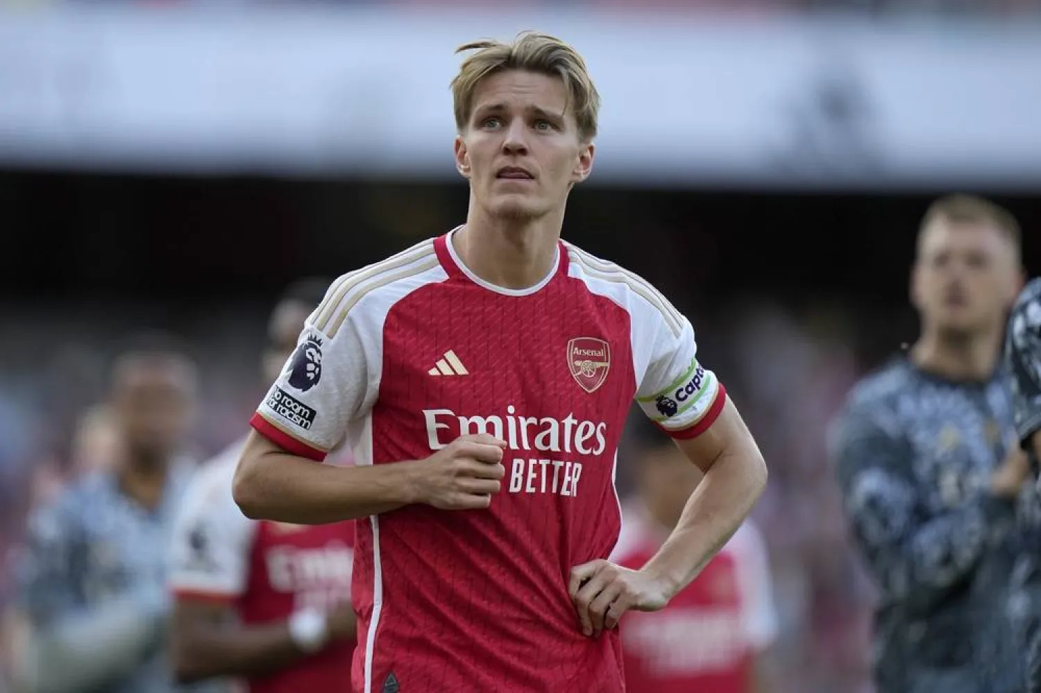 Arsenal's Martin Odegaard reacts at the end of the English Premier League soccer match between Arsenal and Everton at the Emirates stadium in London, Sunday, May 19, 2024. (AP)