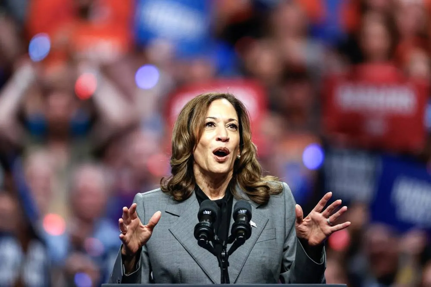 Democratic presidential candidate US Vice President Kamala Harris speaks during a campaign event at Veterans Memorial Coliseum at Alliant Energy Center in Madison, Wisconsin, USA, 20 September 2024 (issued 21 September 2024). (EPA)