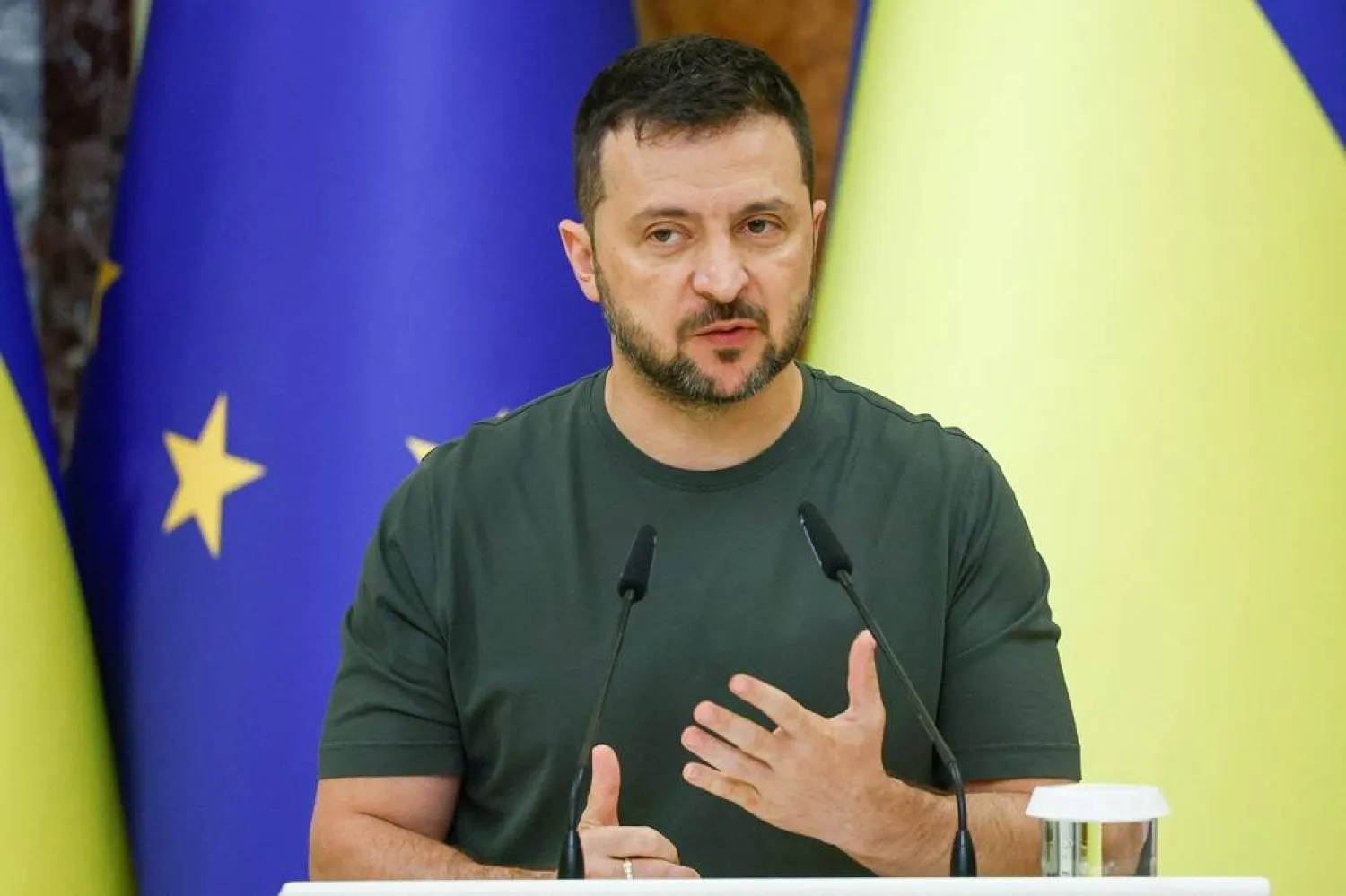  Ukraine's President Volodymyr Zelenskiy attends a joint press conference with European Commission President Ursula Von der Leyen (not pictured), amid the Russia-Ukraine conflict, in Kyiv, Ukraine September 20, 2024. (Reuters)