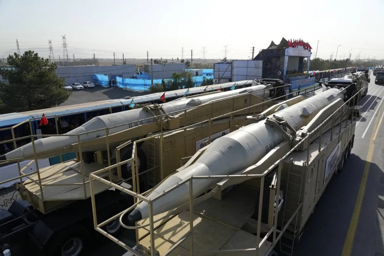 "Sejjil" missiles systems are displayed by the Iranian Revolutionary Guard during an annual armed forces parade marking anniversary of the beginning of war against Iran by Iraq 44 years ago, in front of the shrine of the late revolutionary founder Khomeini, just outside Tehran, Iran, Saturday, Sept. 21, 2024. (AP) 