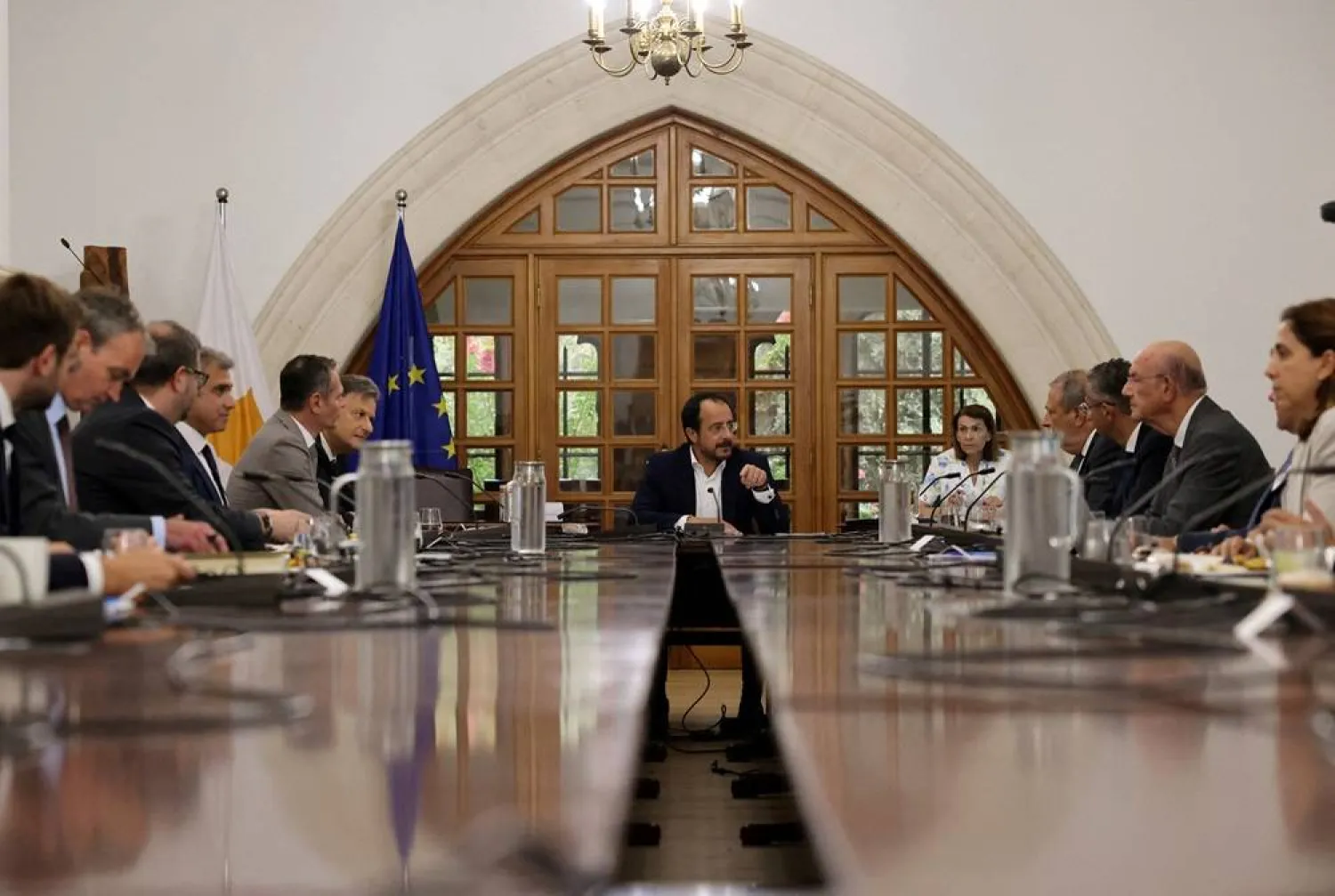 Cyprus President Nikos Christodoulides is seen during a meeting with representatives of Greece and Cyprus to discuss the modalities of a subsea cable envisaged to link Cyprus to continental Europe at the Presidential Palace in Nicosia, Cyprus September 10, 2024. (Reuters)