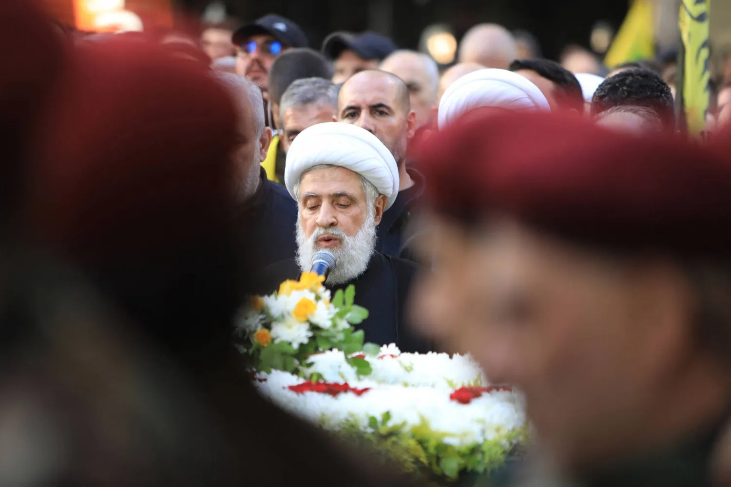 Naim Qassem, Hezbollah deputy secretary-general, speaks during the funeral procession of Ibrahim Aqil, the head of Hezbollah's elite Radwan Force, in Beirut's southern suburbs on September 22, 2024. (Photo by AFP)