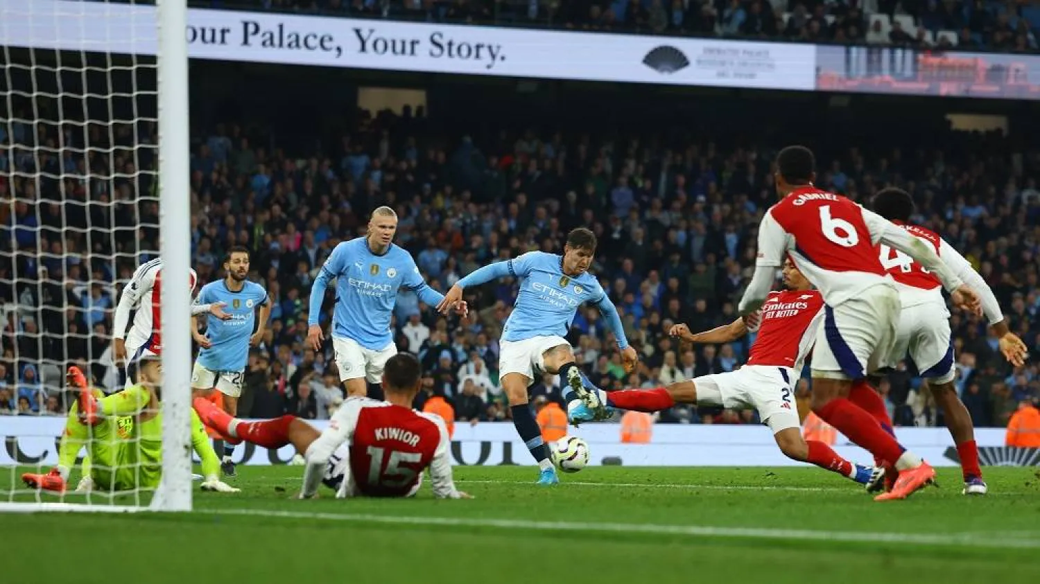 Football - Premier League - Manchester City v Arsenal - Etihad Stadium, Manchester, Britain - September 22, 2024 Manchester City's John Stones scores their second goal. (Reuters)