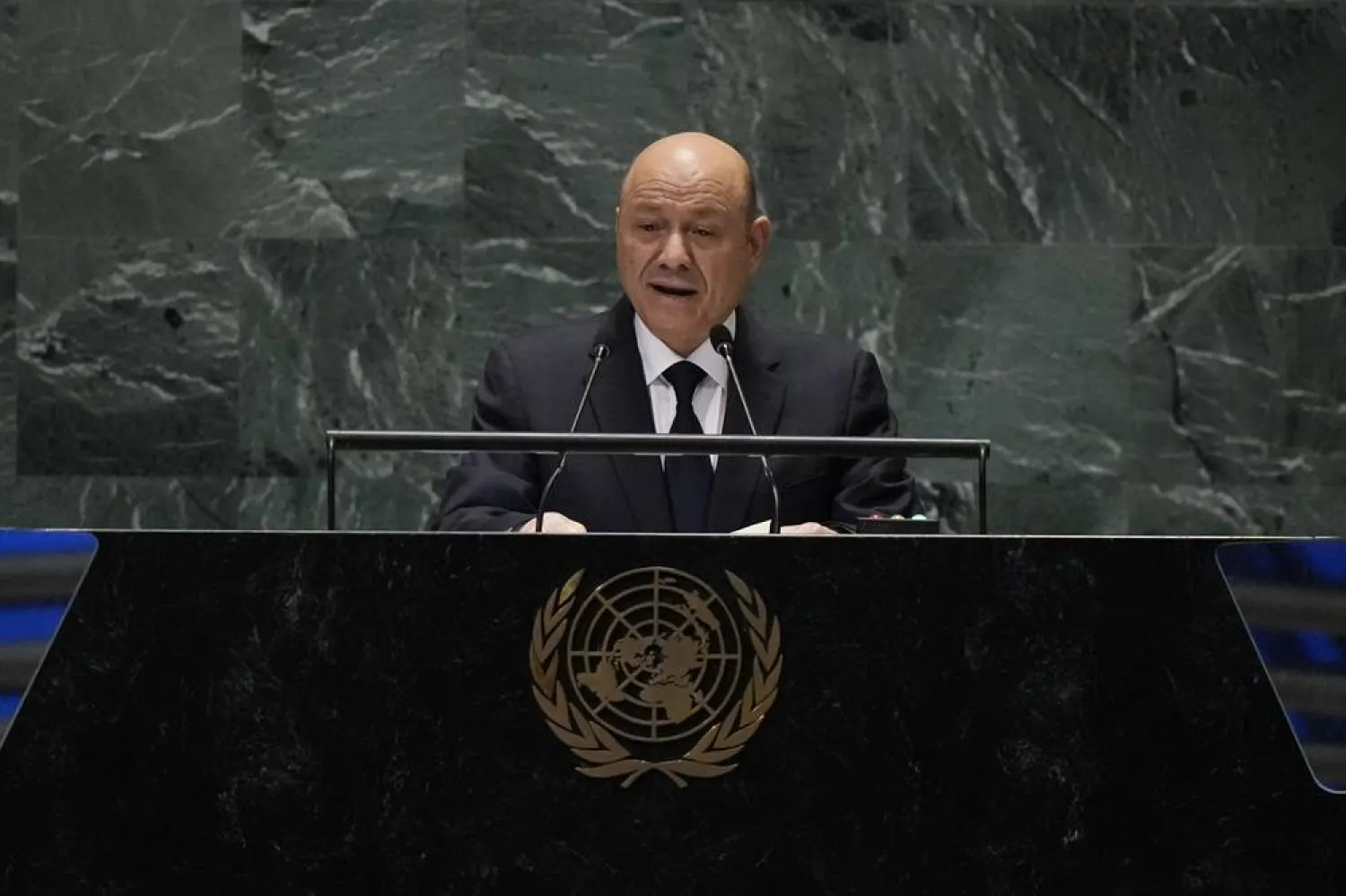 Chairman of Yemen’s Presidential Leadership Council Dr. Rashad al-Alimi speaks to the United Nations General Assembly during the Summit for the Future, Sunday, Sept. 22, 2024 at UN headquarters. (AP) 
