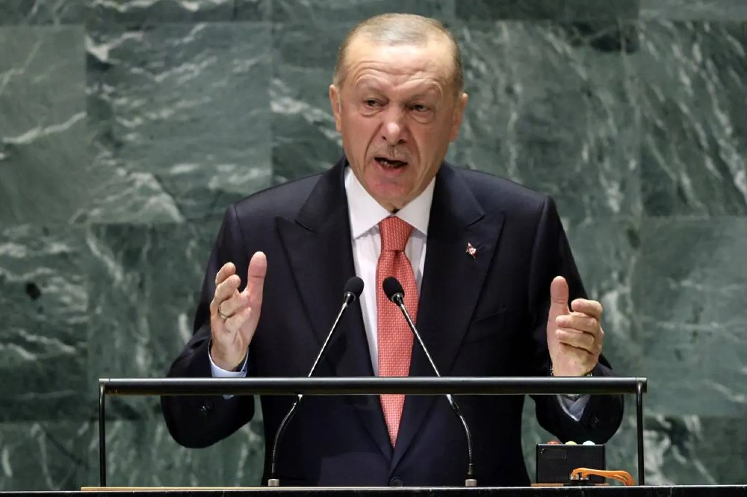 Turkish President Recep Tayyip Erdogan speaks during the General Debate of the 79th session of the United Nations General Assembly at United Nations Headquarters in New York, New York, USA, 24 September 2024. (EPA)