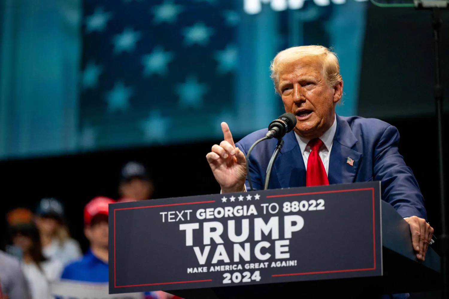SAVANNAH, GEORGIA - SEPTEMBER 24: Republican presidential nominee, former US President Donald Trump speaks at a campaign rally at the Johnny Mercer Theatre on September 24, 2024 in Savannah, Georgia. Brandon Bell/Getty Images/AFP