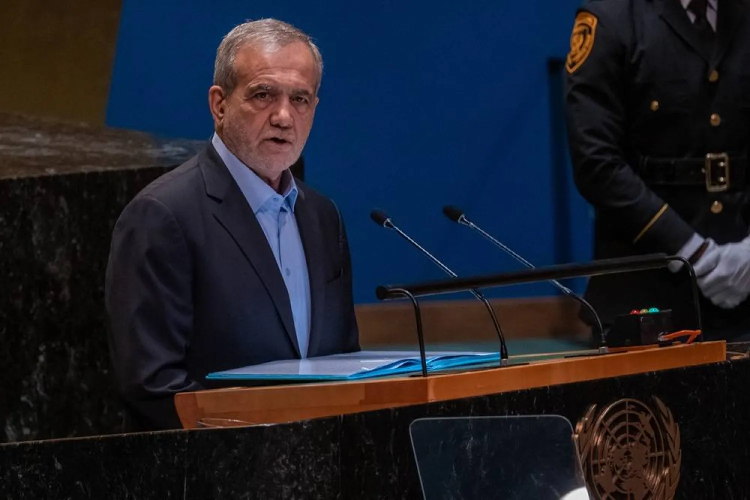 Iranian President Masoud Pezeshkian addresses world leaders during the United Nations General Assembly (UNGA) at the United Nations headquarters on September 24, 2024 in New York City. (Getty Images/AFP)