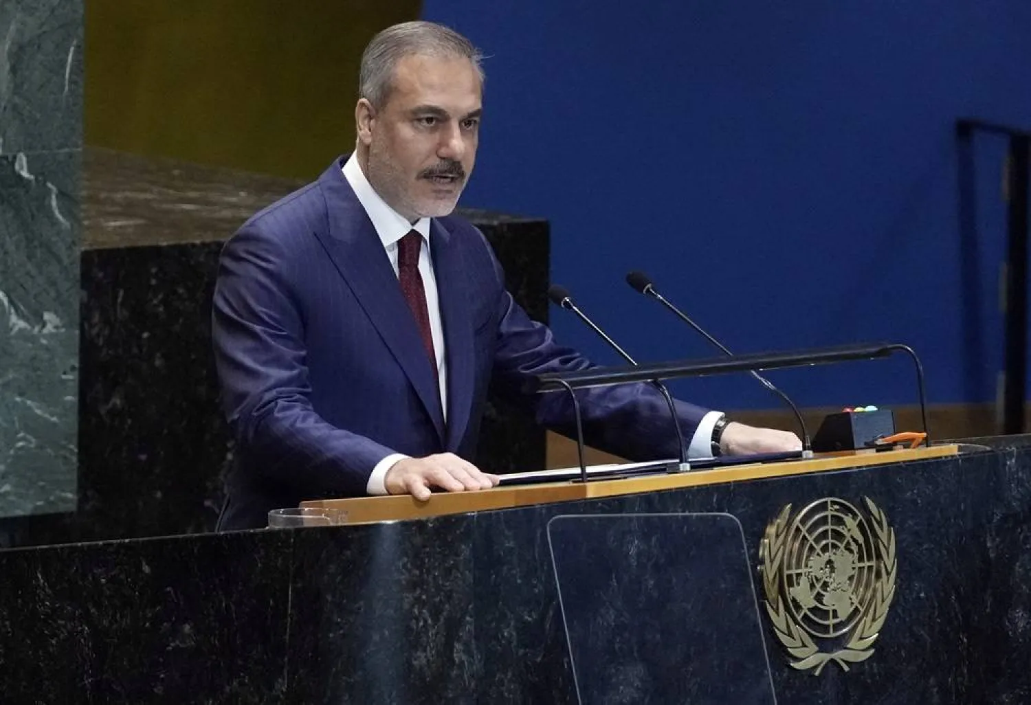 Turkish Foreign Minister Hakan Fidan addresses the the Summit of the Future, in the United Nations General Assembly, Monday, Sept. 23, 2024. (AP)