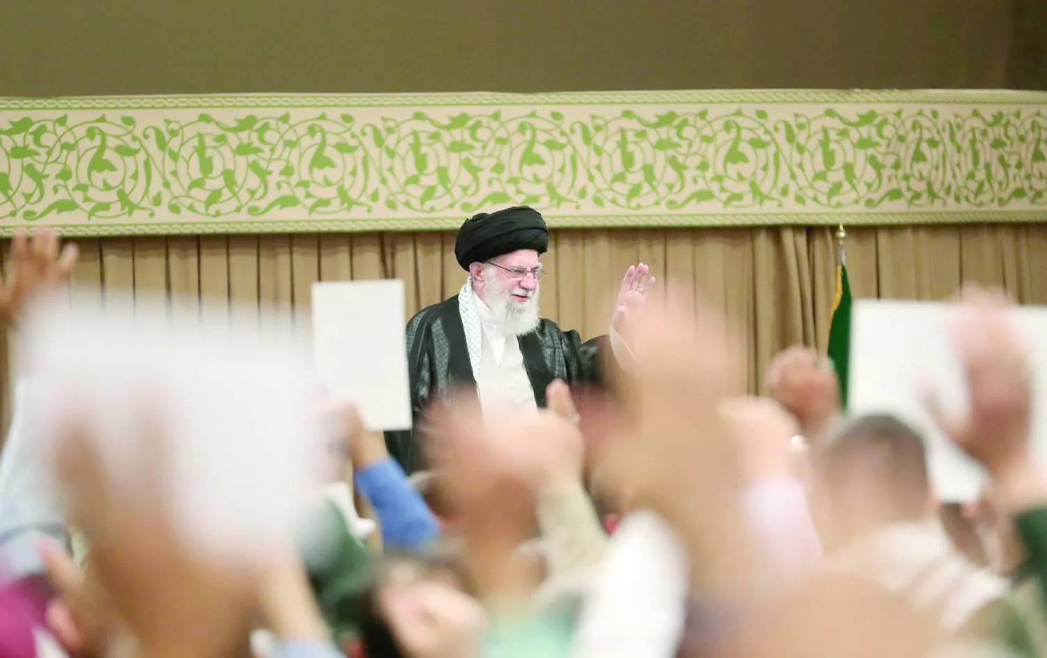A handout photo made available by the Iran's Supreme Leader office shows, Iran's Supreme Leader Ali Khamenei  greets to the crowd during a meeting with military personnel and veterans of the 1980-88 Iran-Iraq war, in Tehran Iran, 25 September 2024. EPA/IRAN SUPREME LEADER OFFICE HANDOUT 
