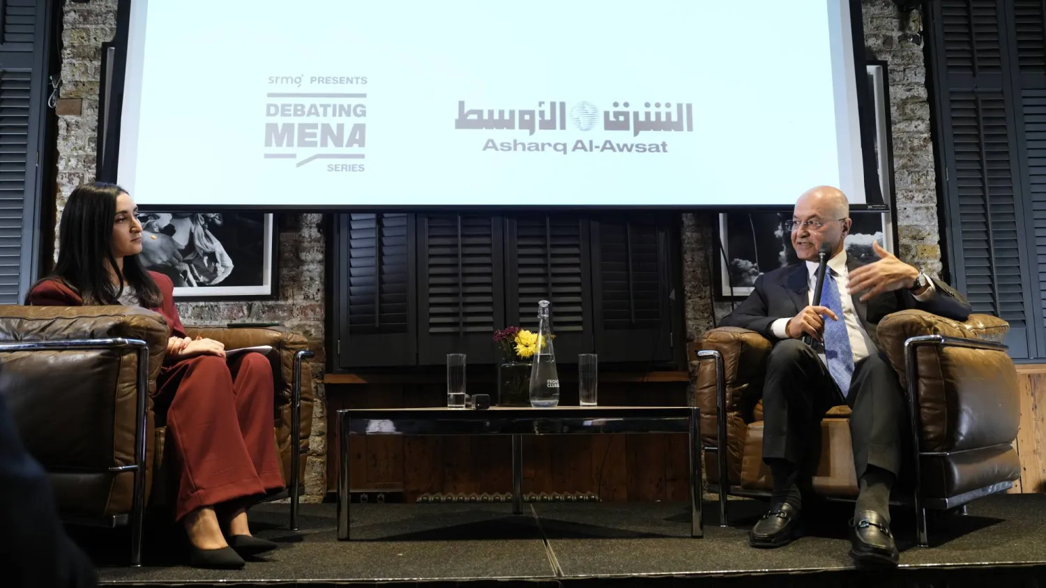 Barham Salih with Asharq Al-Awsat colleague Najlaa Habreiri (Asharq Al-Awsat)