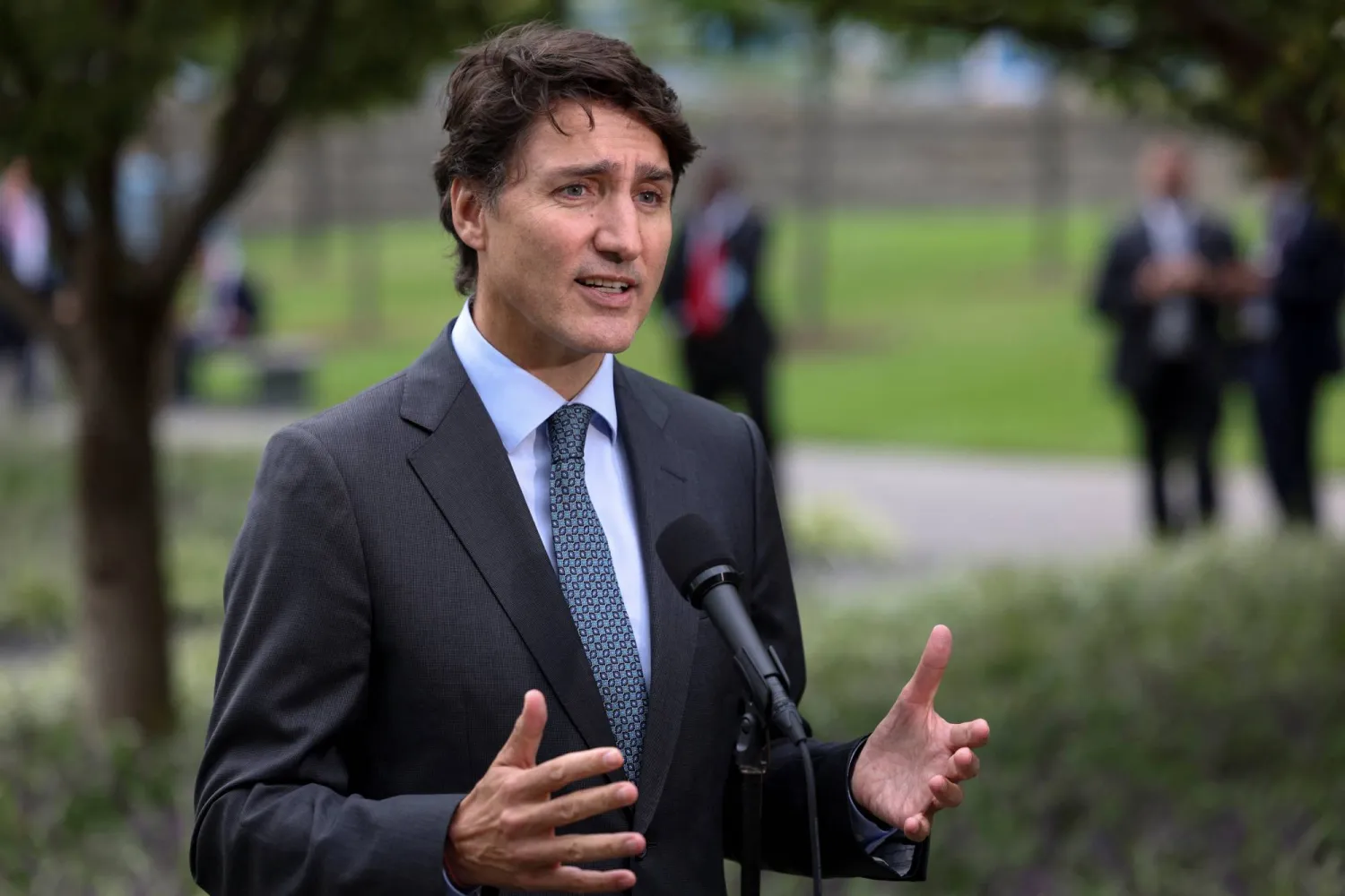 Canadian Prime Minister Justin Trudeau gestures as he speaks to the media on the sidelines of the 79th United Nations General Assembly, in New York, US, September 24, 2024.  REUTERS/Caitlin Ochs