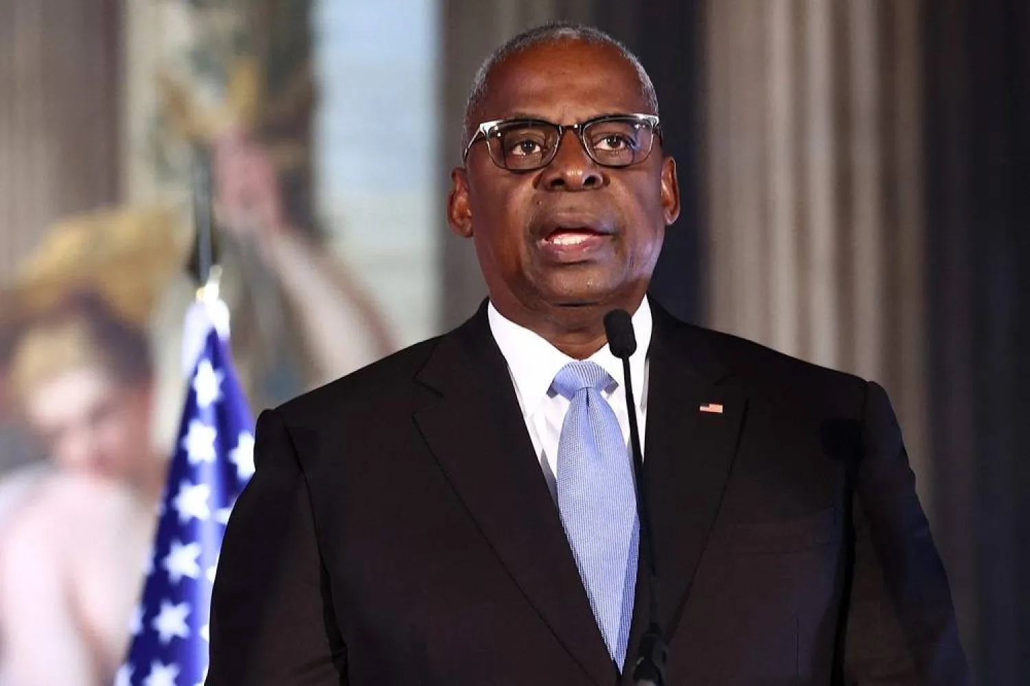 US Defense Secretary Lloyd Austin speaks during a joint press conference during the AUKUS Defense Ministerial Meeting in London on September 26, 2024. (AFP)
