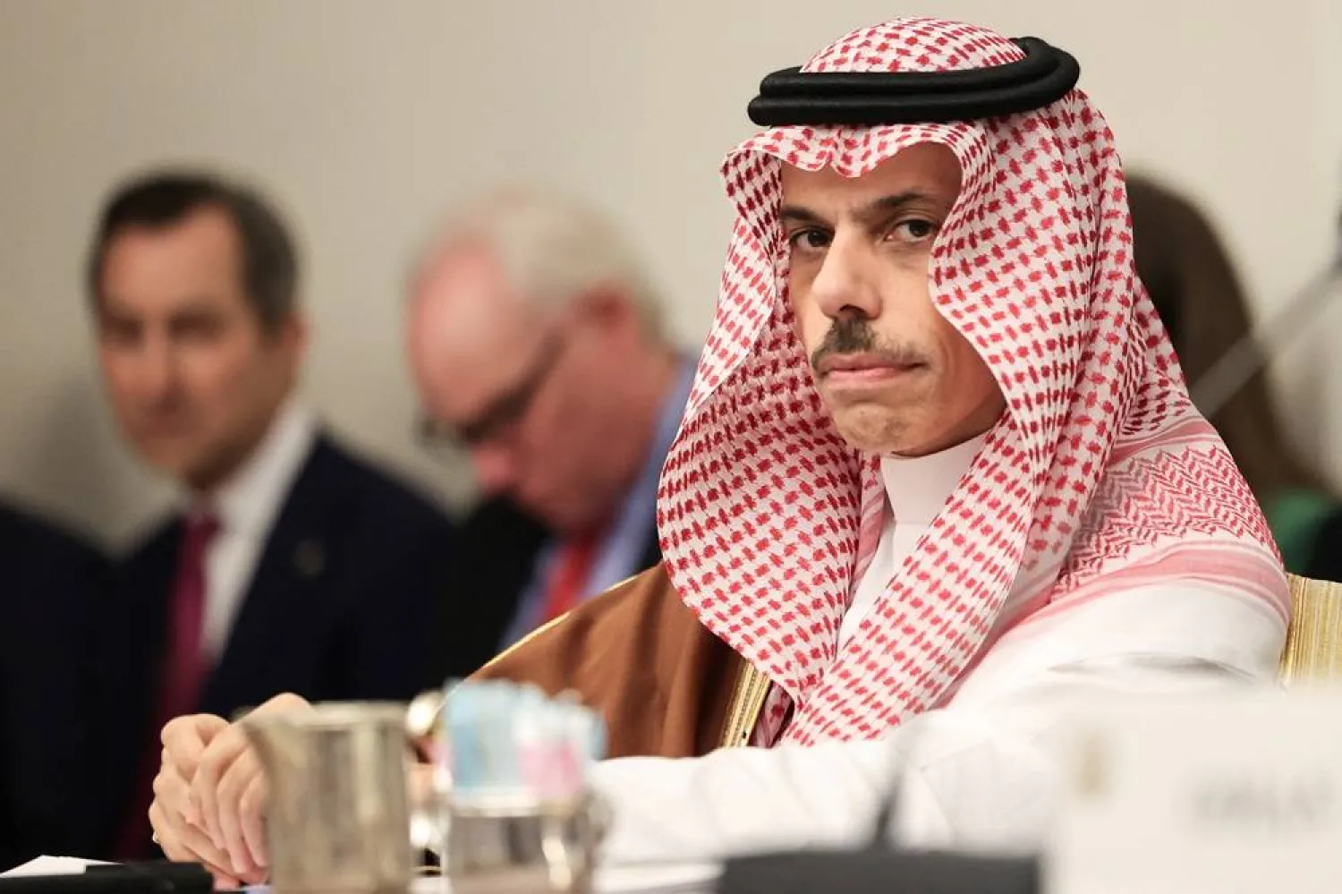 Saudi Arabia Foreign Minister Prince Faisal bin Farhan bin Abdullah listens as US Secretary of State Antony Blinken speaks during a meeting with Foreign Ministers of the Gulf Cooperation Council Member States in New York City, US, September 25, 2024. (Reuters) 