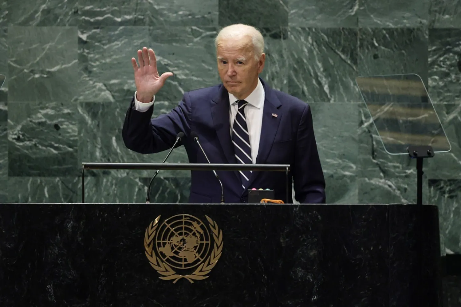 US President Joe Biden gestures to the audience following his address during the General Debate of the 79th session of the United Nations General Assembly at United Nations Headquarters in New York, New York, USA, 24 September 2024. (EPA)
